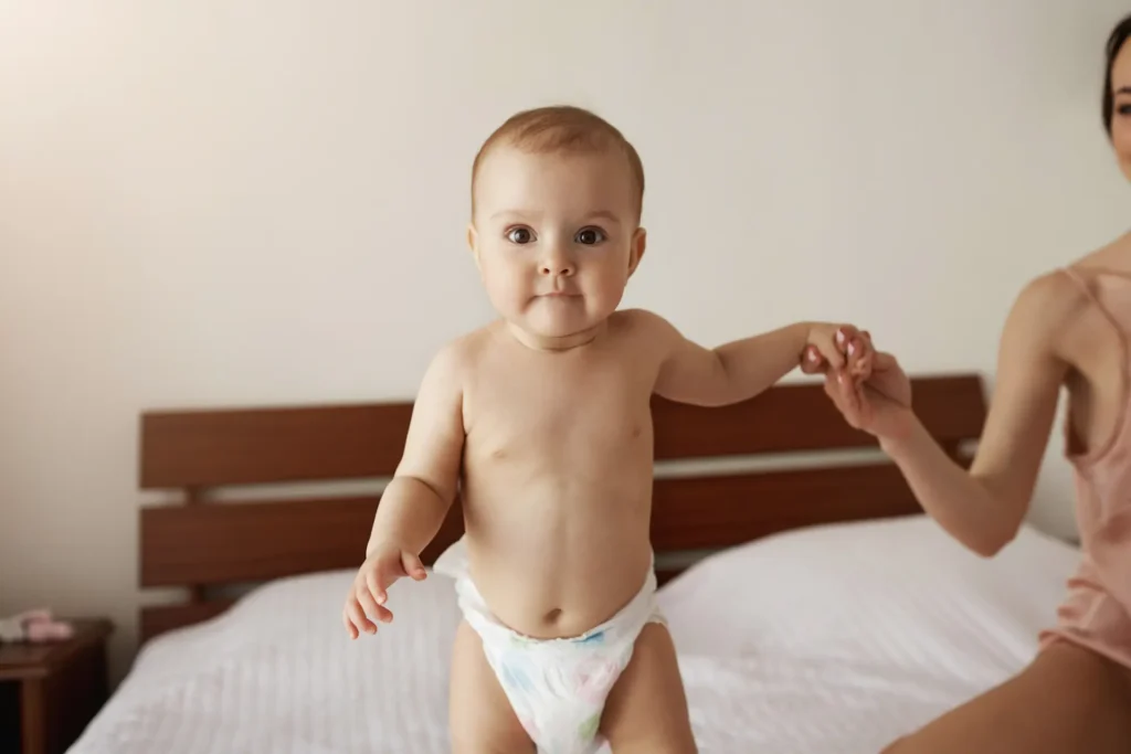 Baby wearing a diaper while standing on a bed with caregiver support