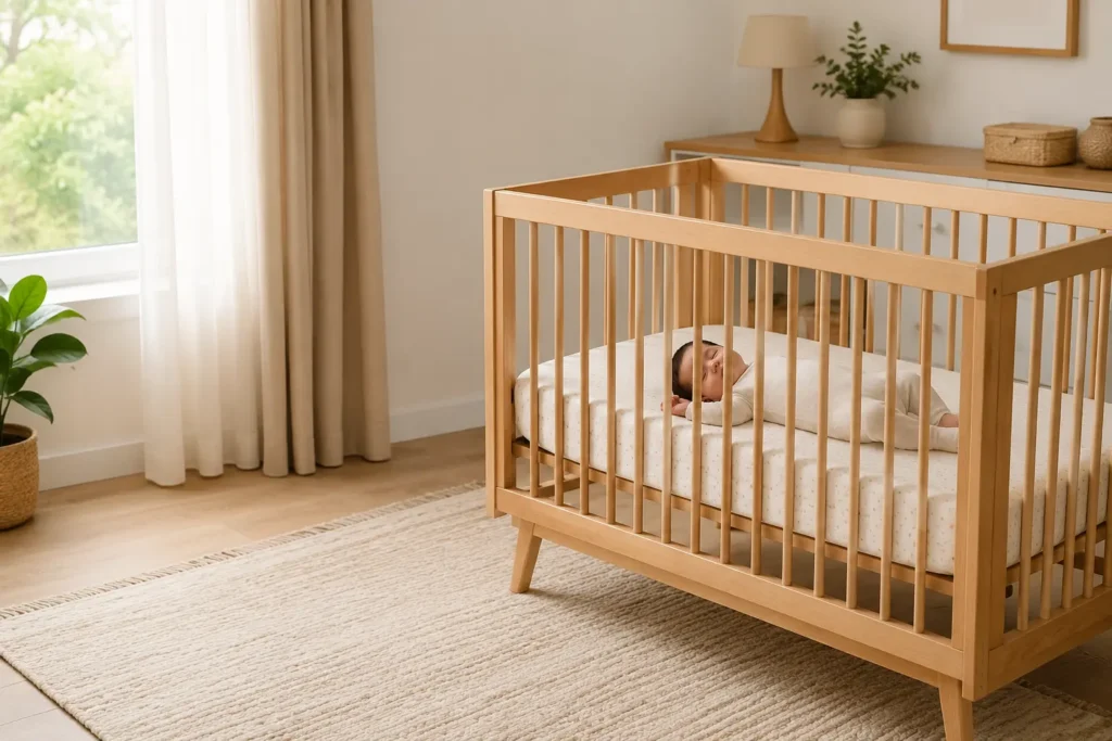 Baby sleeping in a wooden crib in a bright nursery