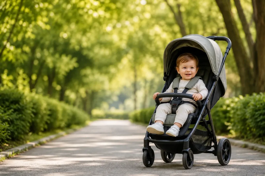 Happy toddler seated in a stroller on a leafy park path