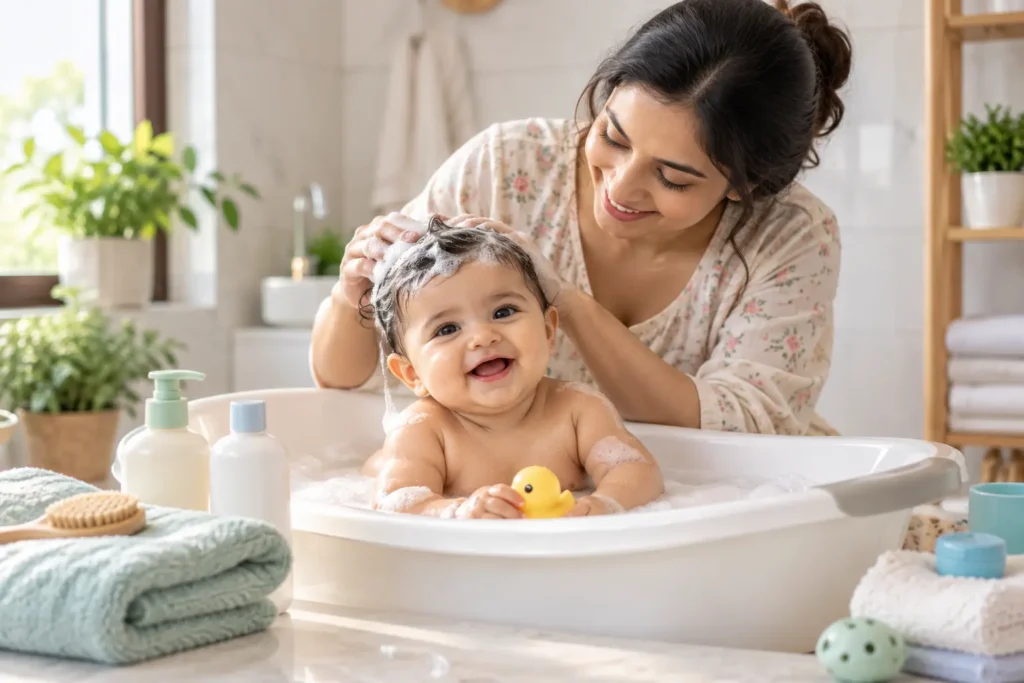 Mother caring for baby during a gentle bath and skincare routine
