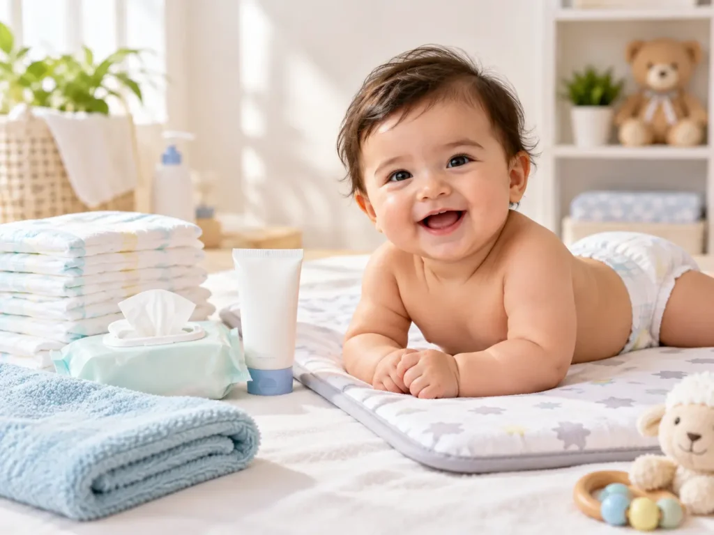 Baby diapering products including diapers, wipes and changing mat