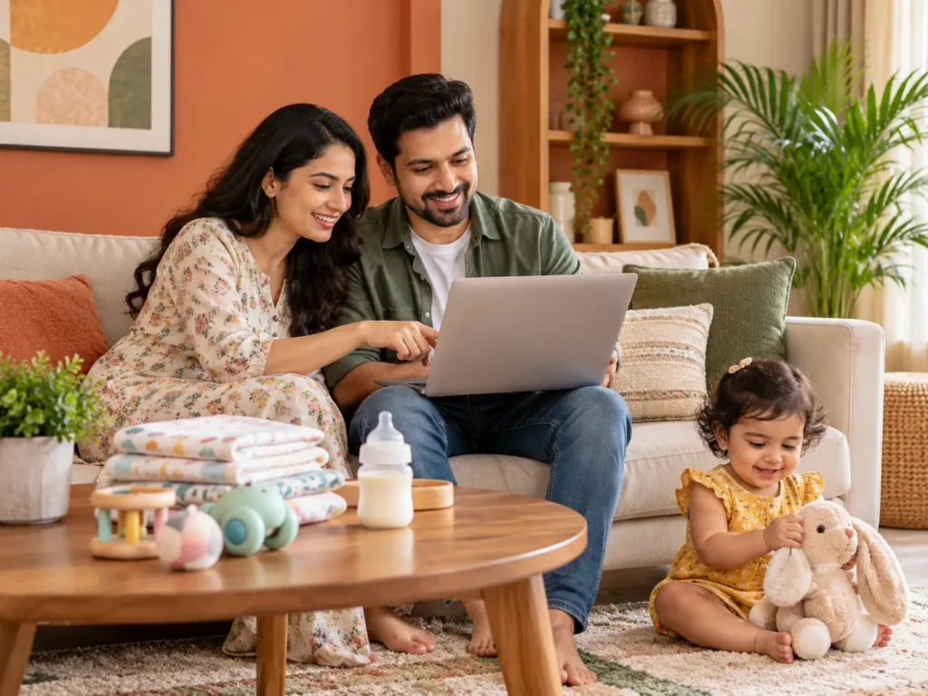 Parents browsing baby products on a laptop while their toddler plays nearby